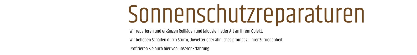 Wir reparieren und ergänzen Rollläden und Jalousien jeder Art an Ihrem Objekt. Wir beheben Schäden durch Sturm, Unwetter oder ähnliches prompt zu Ihrer Zufriedenheit. Profitieren Sie auch hier von unserer Erfahrung.  Sonnenschutzreparaturen